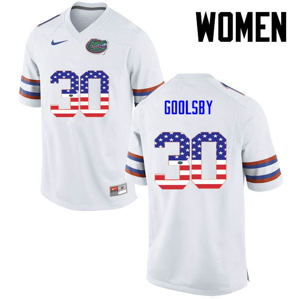 Women Florida Gators #30 DeAndre Goolsby College Football USA Flag Fashion Jerseys-White - Click Image to Close